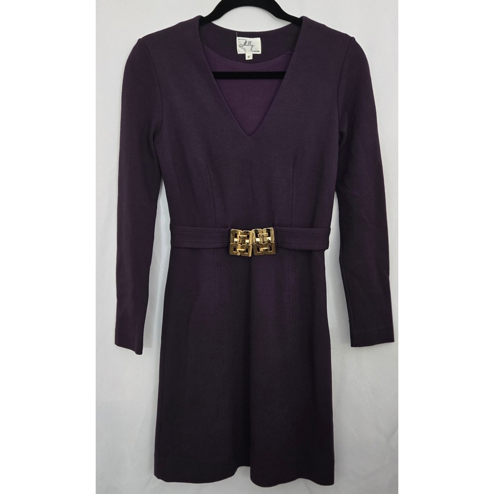 Milly of New York Purple / Plumb V-Neck Long Sleeve Geo Belted Sheath Dress Sz P